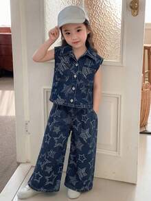 Dazy Kids 女童（小号）无袖深色水洗牛仔背心和宽松阔腿牛仔裤套装 - 藍色 - 查看 5