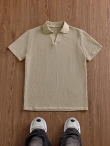 SWAVVY Men's Casual Loose Turndown Collar Short Sleeve Polo Shirt, Khaki Solid - Khaki - View 4