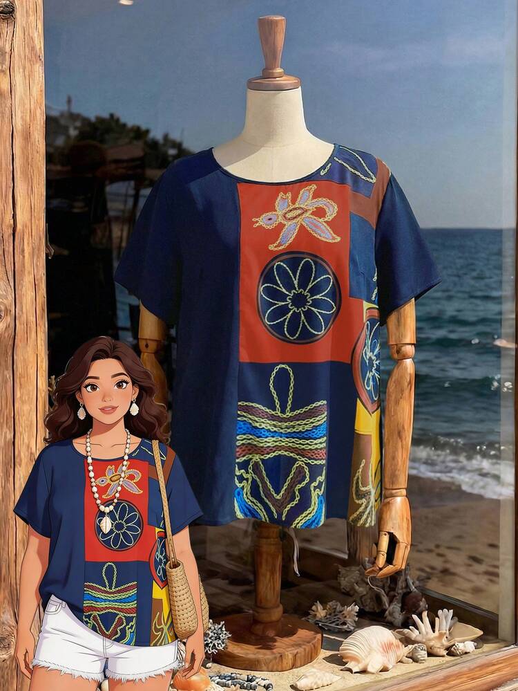 Plus Size Women Floral Print Round Neck Casual Versatile Daily Wear Short Sleeve Shirt\Summer\Vacation Summer Tops Summer Outfits Summer Clothes  Spring  Spring Outfit Women Spring Clothes Country Style For Women Beach Outfits For Women  Beach Vacation Outfits For Women Seaside Retro Mannequin Window Display
