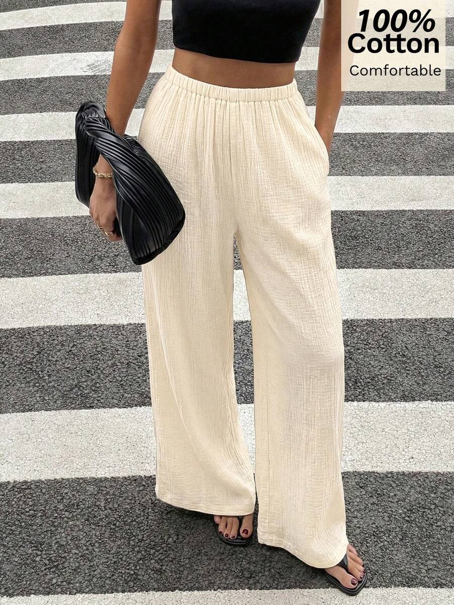 Siren Gaze Women's 100% Pure Cotton Double-Layer Yarn Casual Trousers, High-Waisted Elastic Waist, Casual Straight Leg, Loose, Lightweight Pleated Trousers, Summer Off-White, Slimming And Versatile. - Apricot - View 1