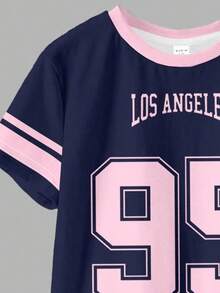 Bộ đồ 2 mảnh gồm áo thun và quần short phối màu tương phản xanh navy và hồng neon, kiểu dáng rộng rãi thoải mái, tay ngắn, cổ tròn, thích hợp cho bé gái mặc hàng ngày vào mùa xuân/hè, dạo phố, đi chơi, ở nhà, đi nghỉ mát, dự tiệc, đi học. - Nhiều màu - Xem 7