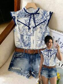 GlowEve Áo kiểu nữ màu xanh trắng in họa tiết sóng, thiết kế cao cấp với cổ áo xếp ly, tay phồng và hàng cúc xếp ly phía trước, thanh lịch và tinh tế, thích hợp làm quà tặng Ngày Valentine, Lễ Phục Sinh, Ngày động, sinh nhật, hẹn hò, dự tiệc, các dịp trang trọng, trang phục giáo viên, du lịch, mùa xuân/hè. - Xanh và trắng - Xem 3