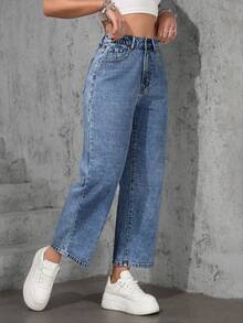 SHEIN ICON Jeans droits amples et décontractés bleu clair sans stretch pour grandes tailles - Jean bleu - Voir 5