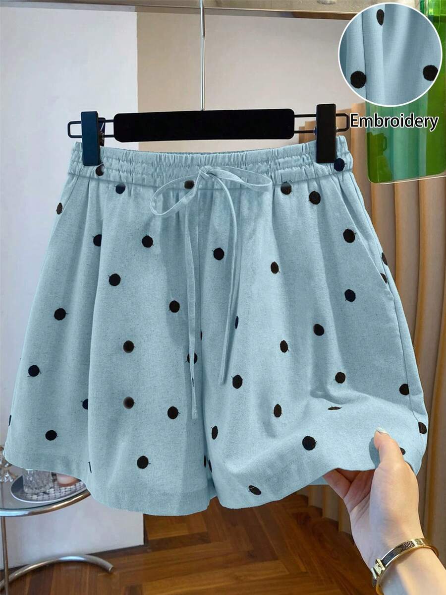 GlowEve New Fashionable Summer Casual Chic French Polka Dot Shorts With Pockets, Elastic Waist And Bow Tie For Women - Blue - View 1