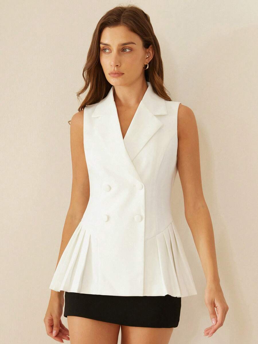 Aveloria Rosie Áo khoác vest mỏng không tay, cổ chữ V, vạt xếp ly, kiểu dáng thanh lịch, chuyên nghiệp dành cho nữ, hàng mới về. - trắng - Xem 1