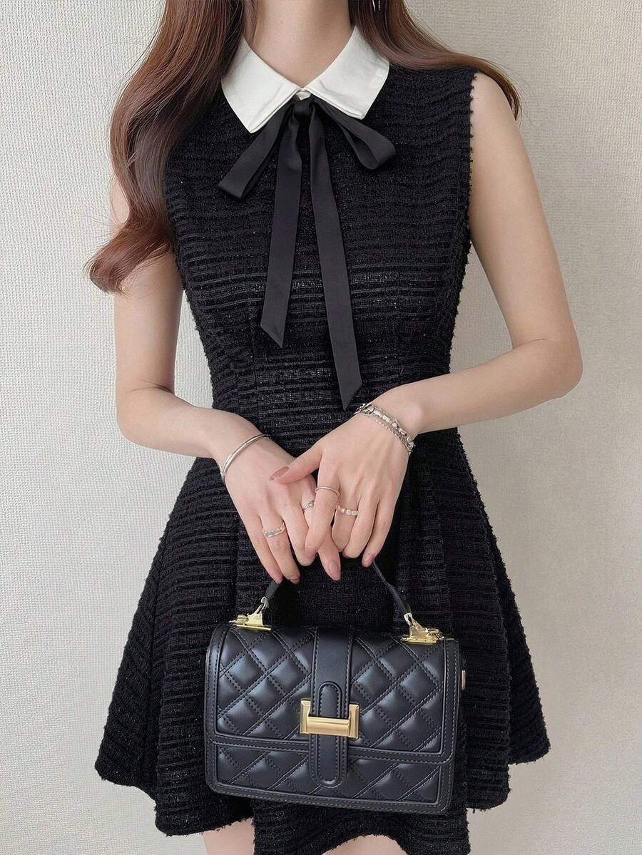 FRIFUL Women's Summer Contrast Color Lapel Waist A-Line Short Dress Sun Dresses For Women - Black - View 1