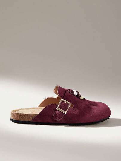 Solecia Women's Slip-On Half-Covered Slippers, Comfortable Flat Shoes, Suede Material With Bead Embellishments, Suitable For Going Out, Shopping, And Commuting.