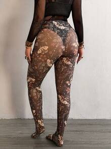 SHEIN CURVE+ Mesh Sheer Printed Elegant Retro Punk Goth Grunge Casual Cool Tights, Plus Size Women Leggings - Multicolor - View 2