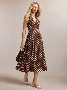 BizChic 新款春夏V领系带露背波点印花弹力腰A字连衣裙，优雅都市通勤之选 - 彩色 - 查看 4