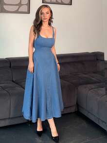 Jeta Ari 女式浅蓝色休闲无袖腰收腰方领牛仔连衣裙 - 輕洗 - 查看 5