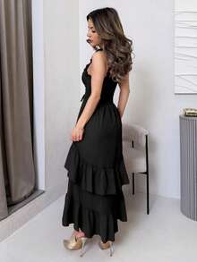 Jemour Apricot Vintage Ruffled Hem Women's Dress, Casual Outfit For Early Autumn - Black - View 2