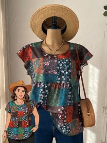 Rusticease Blusa de manga corta con estampado de patchwork, casual y de talla grande para el verano de mujeres - Multicolor - Ver 1