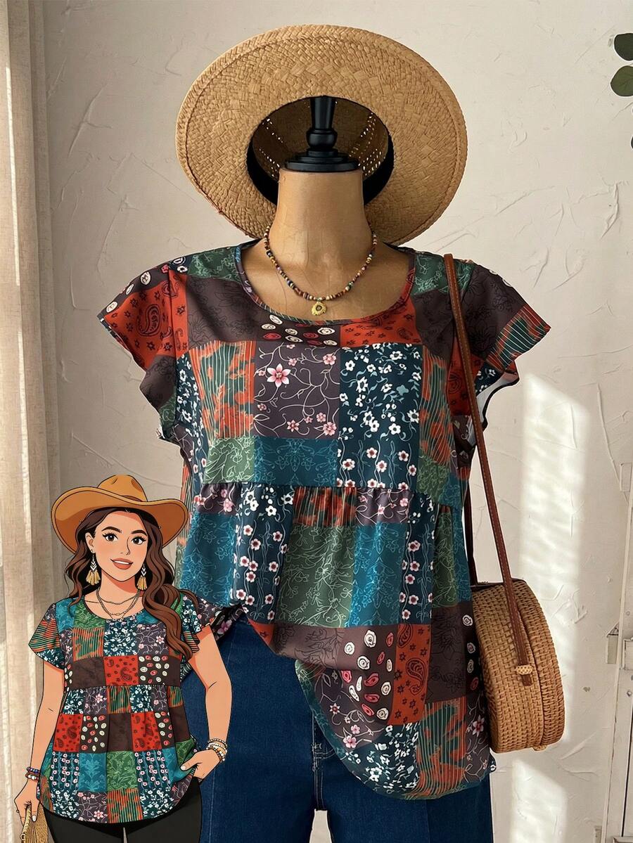 Rusticease Blusa de manga corta con estampado de patchwork, casual y de talla grande para el verano de mujeres - Multicolor - Ver 1