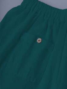 Linhara Plus Size Washed Cotton Cinched Waist Backpocket Button Decor Short Casual Top - Teal Blue - View 4