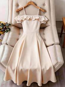 SHEIN Women's Elegant Summer Cream White Pearl Spaghetti Strap Dress,French One-Shoulder Ruffled Off-Shoulder Formal High-Waisted Mid-Length Dress - Apricot - View 2