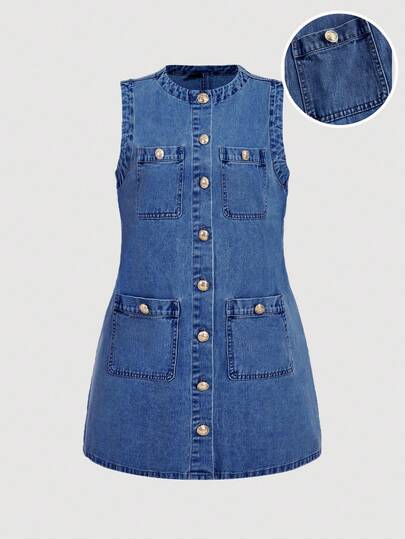 SHEIN MOD Plus Size Denim Sleeveless Mini Dress, Casual Fitted, Blue
