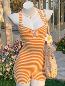 Comfortcana Women's Orange And White And Striped Halter Romper,Summer Casual Tropical Vacation Holiday Beach Vacation Outfits,Festival Country Concert Outfit - Orange - View 1