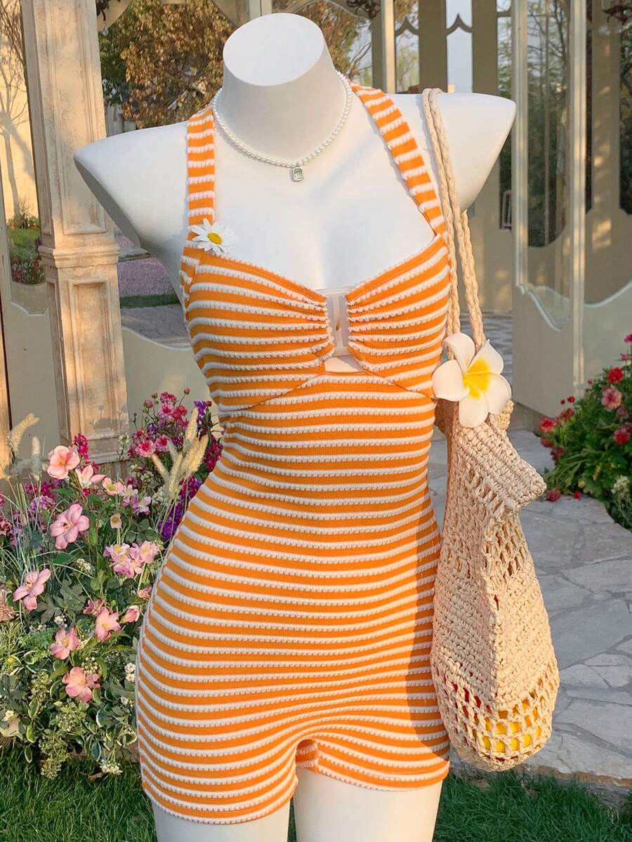 Comfortcana Women's Orange And White And Striped Halter Romper,Summer Casual Tropical Vacation Holiday Beach Vacation Outfits,Festival Country Concert Outfit - Orange - View 1