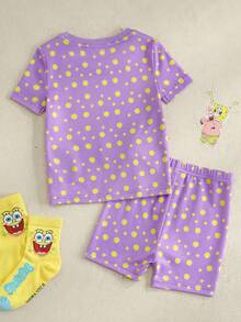 SpongeBob SquarePants | SHEIN 女婴短袖T恤短裤睡衣套装 - 紫色 - 查看 2