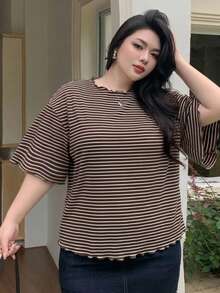 Dazy Plus Plus Size Striped 3/4 Flare Sleeve Brown T-Shirt, Plus Size, Spring/Summer - Brown - View 3