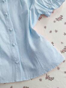 Flirla Women's Pink Peter Pan Collar Petal Sleeve Embroidered Floral Lace Patchwork Decorative Regular Blouse - Blue - View 4