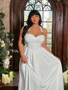 Lyrianda Vestido con cuello halter y decoración metálica para mujer de talla grande - Blanco - Ver 7