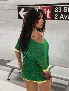 StreetHx Streetwear Women Solid Color Hollow Out Embroidered Digit Short Sleeve Knit Top - Green - View 3