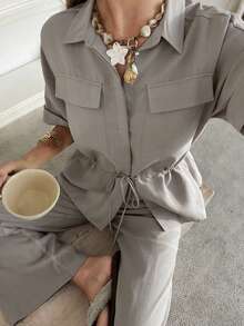 Strévra Women's Fitted Cinched Waist Jacket And Loose Pants Commuting Elegant Suit Set - Grey - View 1