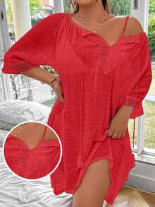 Swim Lushoire Vestido de playa holgado y cómodo con cordón para mujer de talla grande y unicolor - Rojo - Ver 7