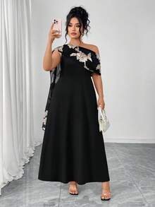 Elenzga Plus Size Women Elegant Fashion, Mesh Jacquard Fabric, Patchwork, Cape Knit Dress - Black - View 6