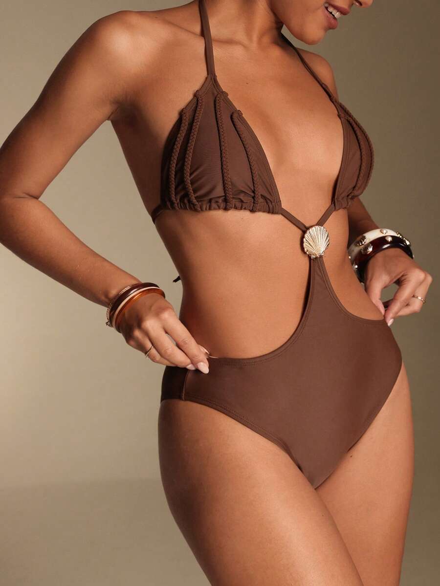 Swim Oasis Women's Solid Color Hollow Out Halter Spaghetti Strap Fashionable Triangle One-Piece Swimsuit For Summer Holiday Beach Golf White Sexy - Brown - View 1