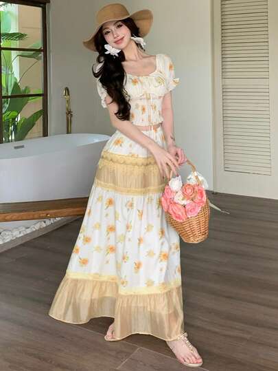 Joudiya 春夏黄色花卉印花蕾丝网纱拼接短款上衣，短袖衬衫，优雅度假沙滩A字裙两件套，通勤休闲甜美波西米亚风女装