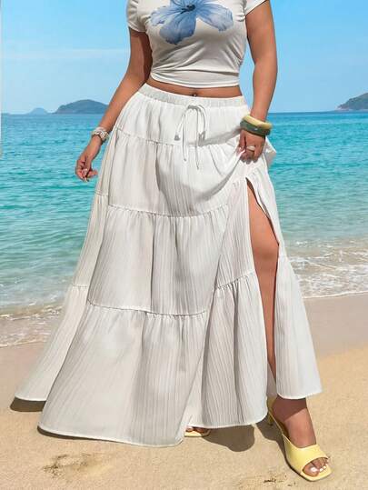 GalTyme Plus Size Women Solid Color Waist Tie Ruffle Hem Side Slit Midi Skirt