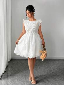 Elenzga Plus Size Fashion Round Neck Embroidered Hollow-Out Fabric Waist Slimming Ruffle Sleeve Dress, Sweet Ruffle Sleeve Fashionable Versatile Elegant Vacation Style Floral Dress, Suitable For Daily Wear, Weekend Outings Or Shopping, Beach Vacation Or By The Pool, Summer Parties, Garden Gatherings - White - View 1