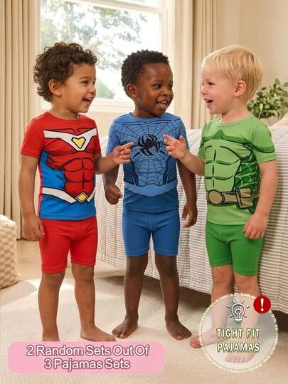 2pcs/Set Stylish Cartoon Spider Print Short Sleeve Bodysuit & Shorts Set, Comfortable & Convenient Pajamas For Toddler Boys, Suitable For Indoor & Outdoor Wear In Spring/Summer