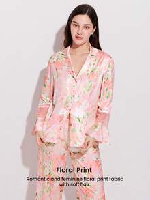 LUVLETTE 优雅性感粉色碎花睡衣套装 - 长袖上衣和蕾丝边阔腿裤，迷人家居服睡衣 - 粉色 - 查看 7