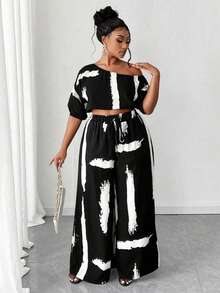 Maweii Conjunto de 2 piezas con estampado, manga corta y cuello asimétrico, talla grande, para verano - Blanco y Negro - Ver 5