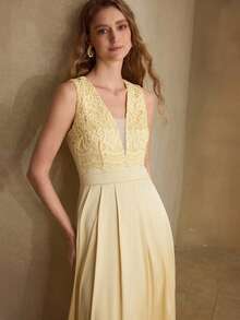 MOTF PREMIUM GAUN PANJANG SATIN BERKILAU MODEL A-LINE RENDA ELEGAN ROMANTIS UNTUK WANITA - Kuning - View 5