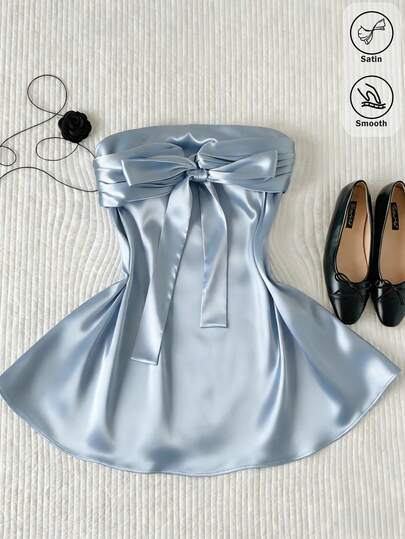 Comfortcana 2026 Spring/Summer New Women's Blue Satin Strapless Butterfly Bow MINI Dress,Winter,Easter,Party ,Beach,Wedding,Graduation,Elegant,Casual,Vacation,Sports, Formal,Y2k,Business,Sequin,Fringe,Ruffle,Flower,Graphic,