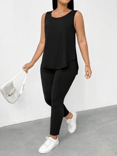 SHEIN Essnce Bộ đồ hai mảnh màu đen dành cho nữ cỡ lớn mùa xuân/hè, kiểu dáng thoải mái, co giãn tốt, dễ mặc hàng ngày, cơ bản, đa năng, tôn dáng, gồm áo và quần legging, trang phục mùa hè, thời trang đường phố, phong cách đơn giản.