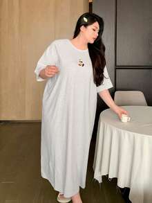 Dazy Plus Camisón de manga larga con estampado gráfico de dibujos animados, corte holgado, estilo de camiseta de cuello redondo, pijama para todas las estaciones - Gris - Ver 4