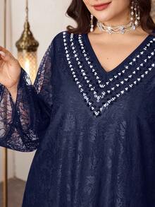 Al Najma Plus Size Women's Lace Fabric Beaded Collar Elegant Dress, Spring/Summer - Navy Blue - View 4