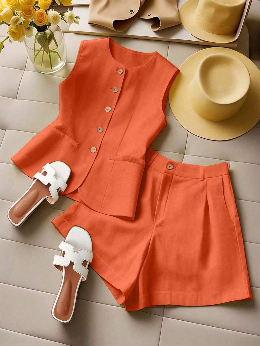 Franclia Bộ đồ 2 mảnh thoải mái, không tay, mở phía trước dành cho nữ, thích hợp cho kỳ nghỉ. - trái cam - Xem 1