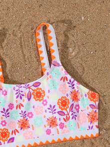 SHEIN Set Bikini untuk Anak Perempuan Remaja, 2 Potong Pakaian Renang Motif Bunga & Daun Putih, Atasan Tali Kerang Bordir Boho & Bawahan Segitiga, Liburan Musim Panas Pesta Kolam Renang - Merah - View 3