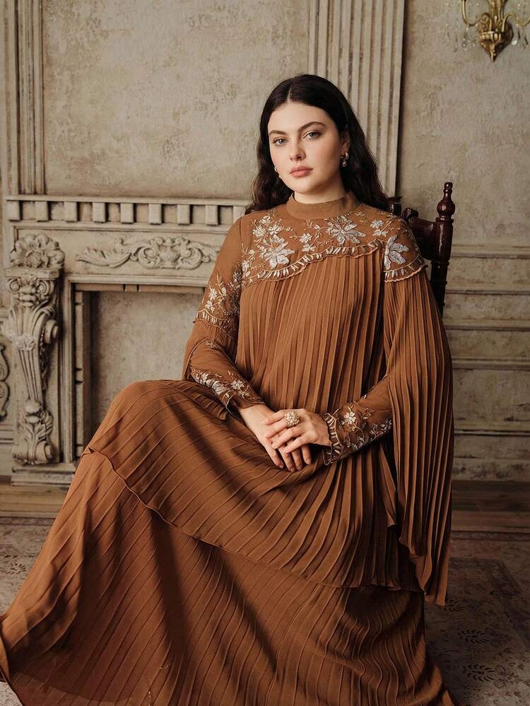 Women's New Pleated Elegant Flared Embroidered Khaki Dress, Plus Size