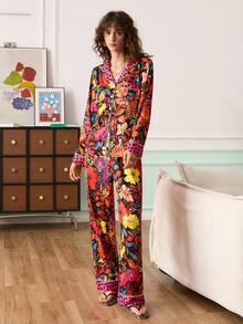 Chillnights 豹纹花卉印花翻领长袖长裤女士睡衣套装 - 玫紅色 - 查看 1