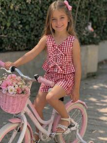 SHEIN 2pcs/Set Young Girl Summer Casual Plaid Strawberry Embroidery Vest And Shorts Set Summer Tops Shirts Summer Clothes Sets Gingham Set Plaid Two Piece Set Girls Young Girl Two Piece Summer Two Piece Set Kids Plaid 2 Piece Baby Girls Gingham Romper With Strawberry Embroidery Ruffled Hem And Bow Detail Girls Red And White Checkered Outfit Girls Red Gingham Girls Summer Two Piece Girls Summer Clothes Girls Strawberry Print Clothes - Red and White - View 6