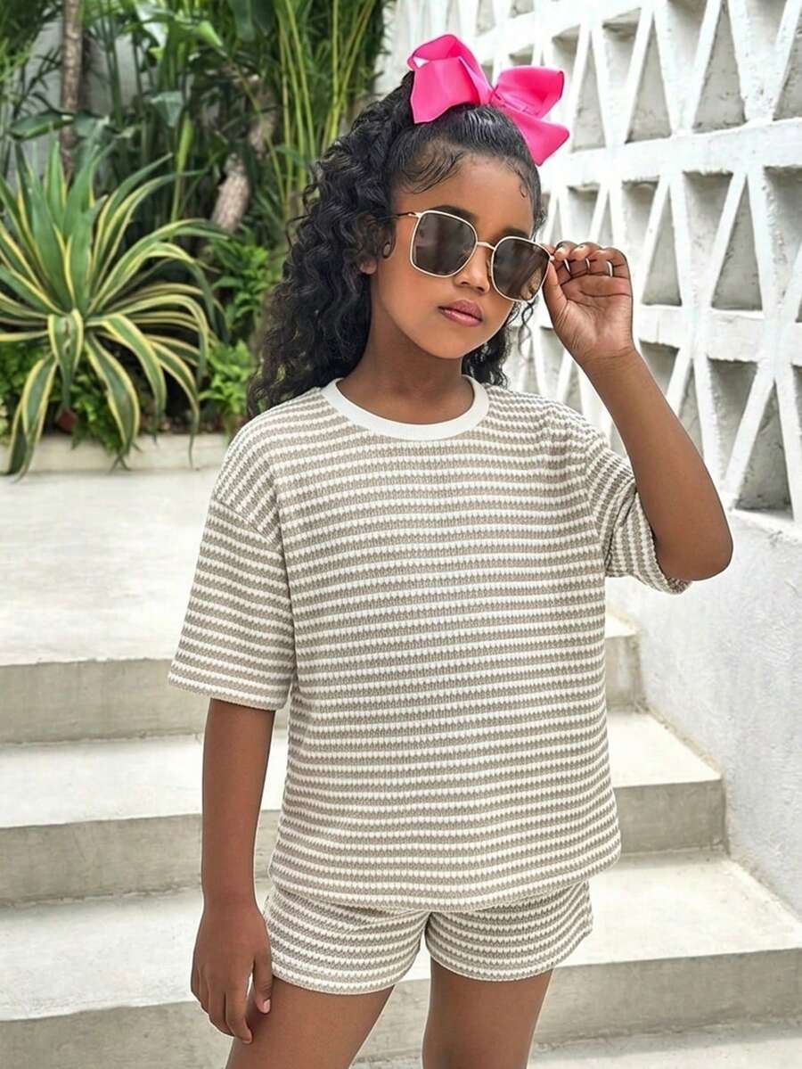 SHEIN 少女休闲可爱条纹两件套，夏季 - 卡其色 - 查看 1