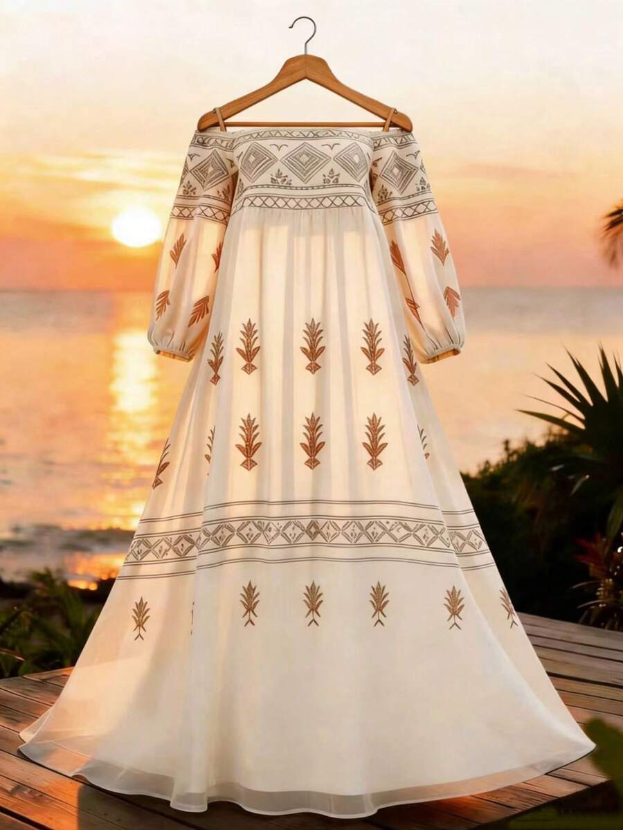 Balvessa Women's Geometric Pattern Off-Shoulder Lantern Sleeve Dress, Suitable For Vacation - Multicolor - View 1