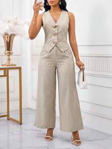 SHEIN Lady Bộ đồ thời trang nữ thường ngày, họa tiết kẻ sọc, khóa kim loại, kiểu áo yếm hở phía trước và quần ống rộng, gồm 2 món. - Nhiều màu - Xem 5